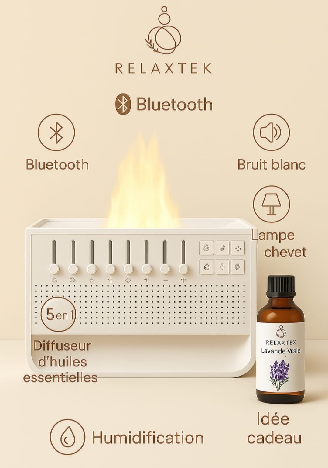 Diffuseur d’huiles essentielles 5-en-1 avec Bluetooth RELAXTEK®